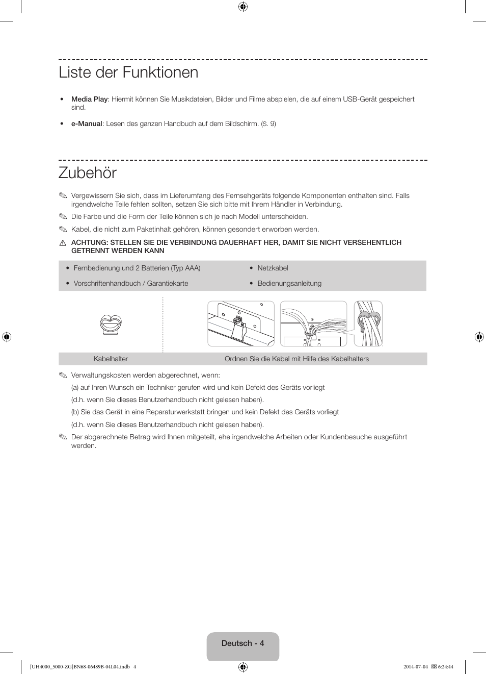 Liste der funktionen, Zubehör | Samsung UE48H5090AS User Manual | Page 26 / 89