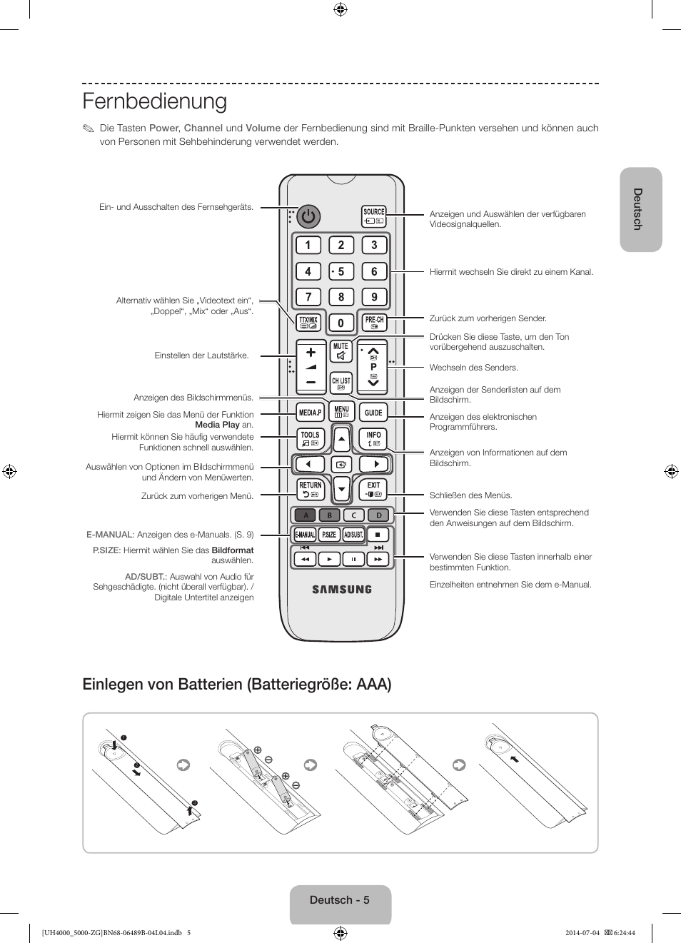 Fernbedienung, Einlegen von batterien (batteriegröße: aaa) | Samsung UE48H5090AS User Manual | Page 27 / 89