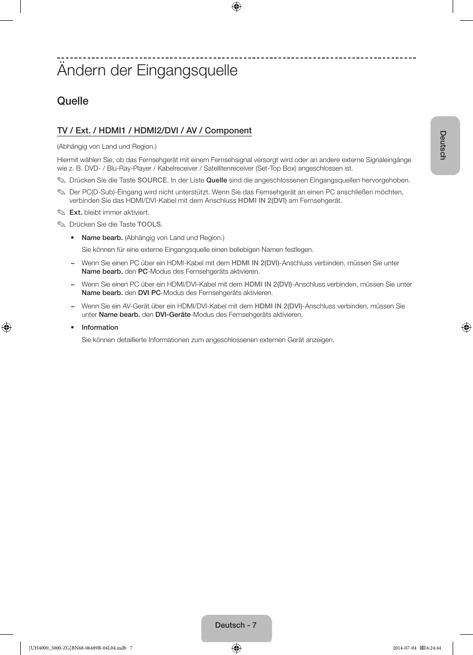 Ändern der eingangsquelle, Quelle | Samsung UE48H5090AS User Manual | Page 29 / 89