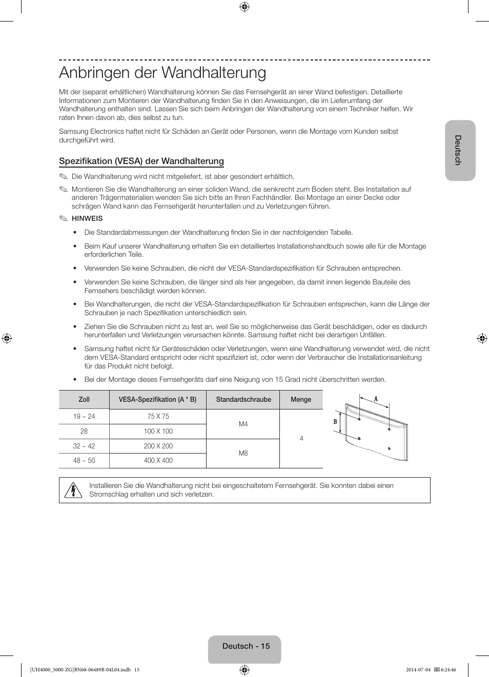 Anbringen der wandhalterung | Samsung UE48H5090AS User Manual | Page 37 / 89