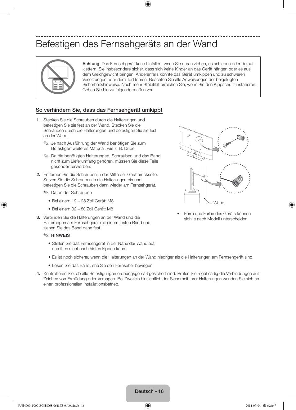 Befestigen des fernsehgeräts an der wand | Samsung UE48H5090AS User Manual | Page 38 / 89
