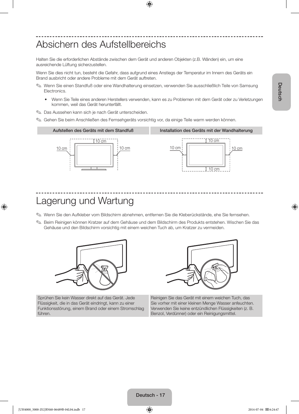 Absichern des aufstellbereichs, Lagerung und wartung | Samsung UE48H5090AS User Manual | Page 39 / 89