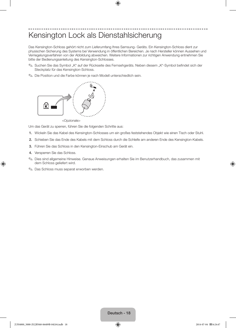 Kensington lock als dienstahlsicherung | Samsung UE48H5090AS User Manual | Page 40 / 89