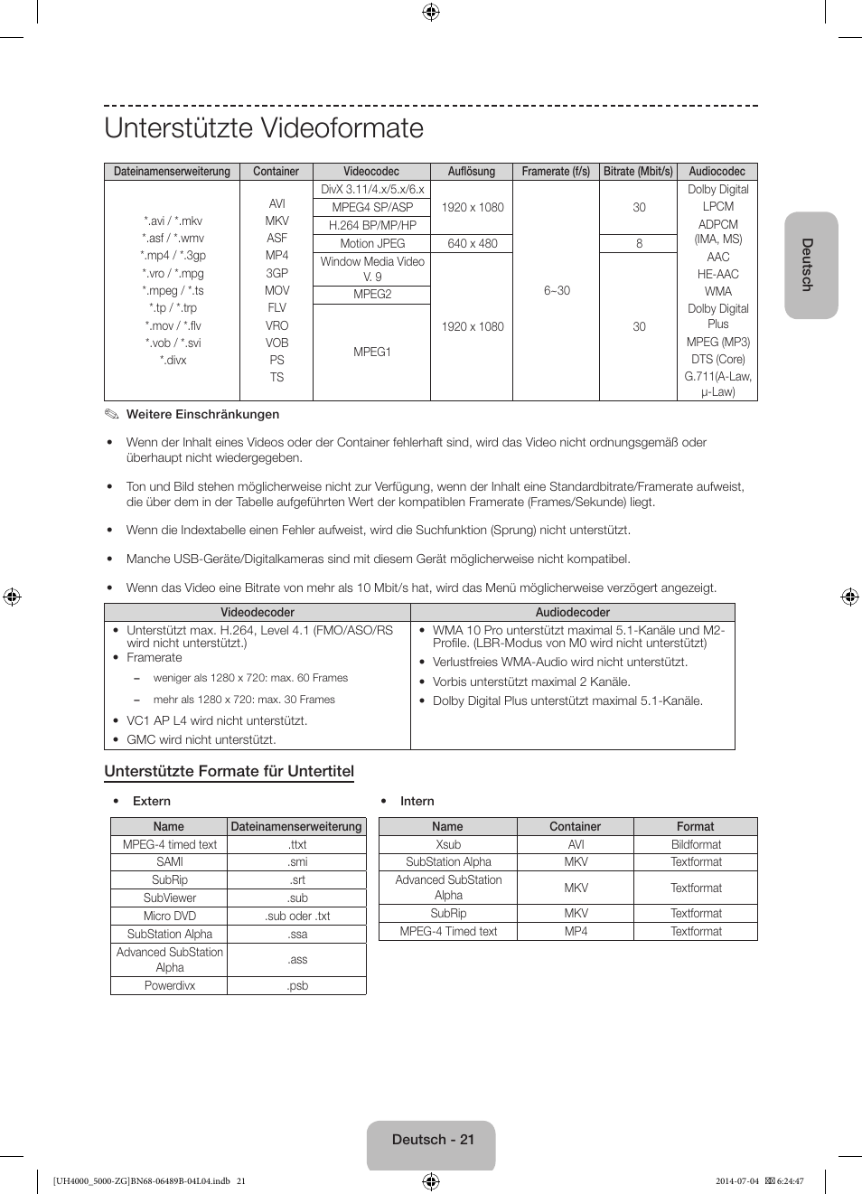 Unterstützte videoformate, Unterstützte formate für untertitel | Samsung UE48H5090AS User Manual | Page 43 / 89