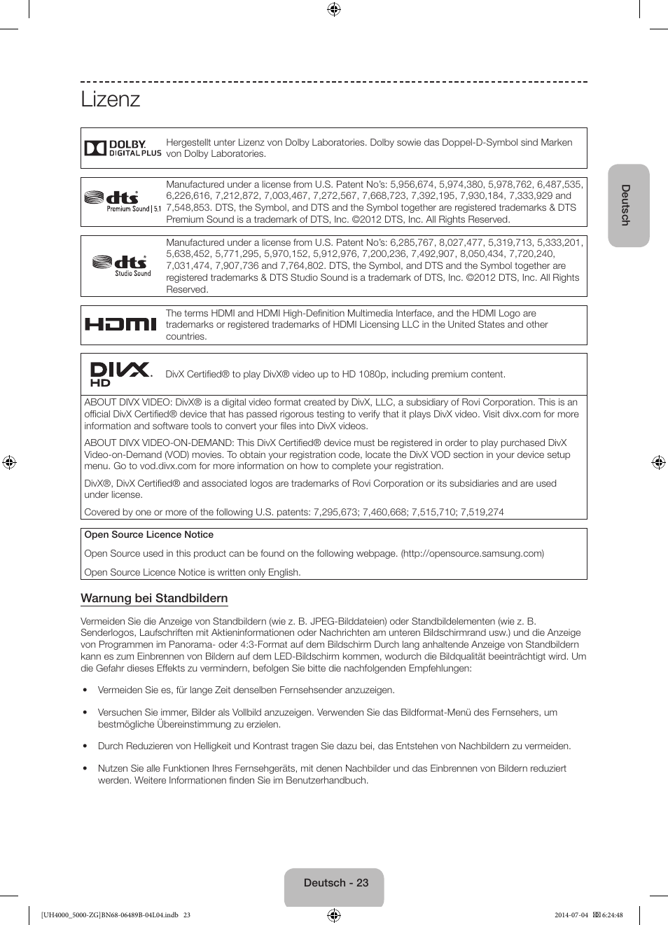 Lizenz | Samsung UE48H5090AS User Manual | Page 45 / 89