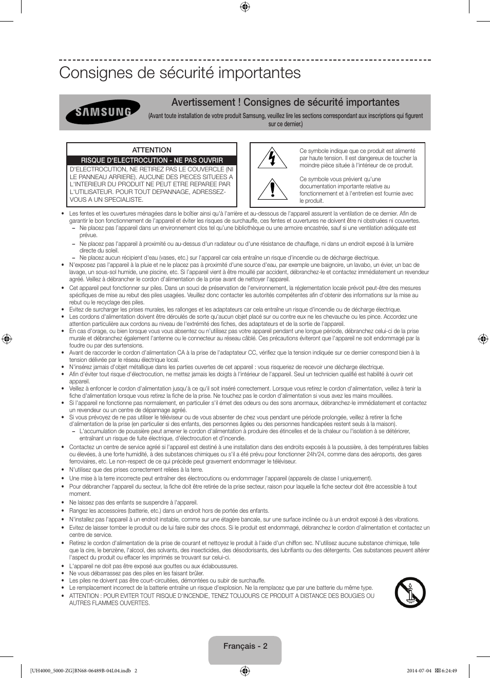 Consignes de sécurité importantes, Avertissement ! consignes de sécurité importantes | Samsung UE48H5090AS User Manual | Page 46 / 89