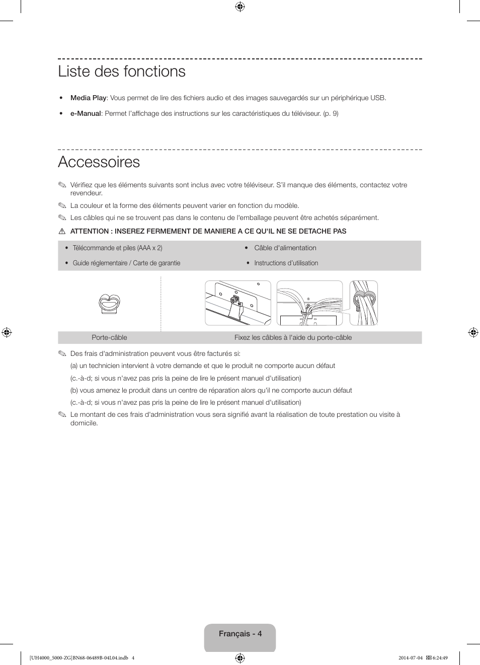 Liste des fonctions, Accessoires | Samsung UE48H5090AS User Manual | Page 48 / 89