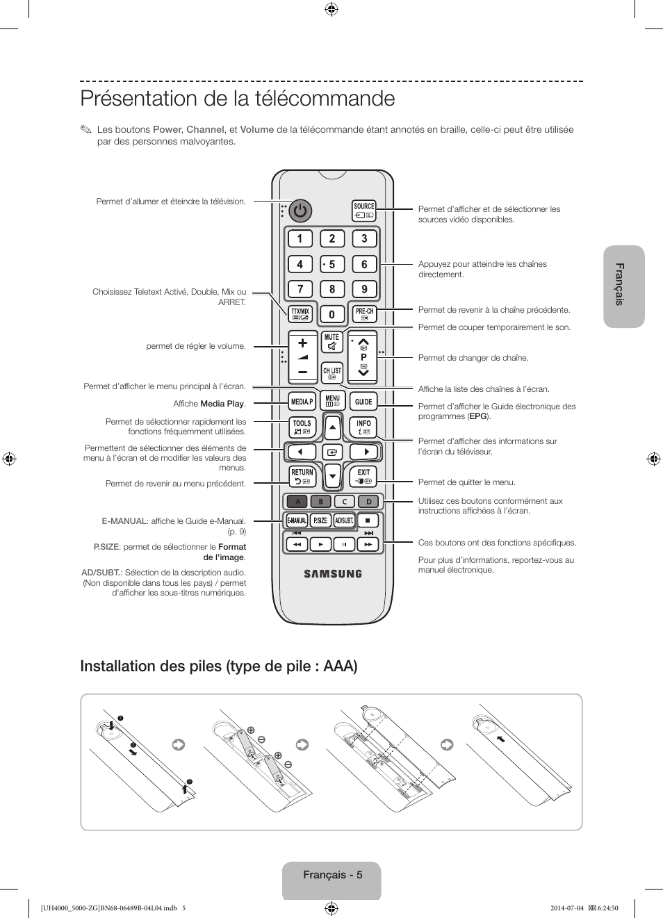 Présentation de la télécommande, Installation des piles (type de pile : aaa) | Samsung UE48H5090AS User Manual | Page 49 / 89