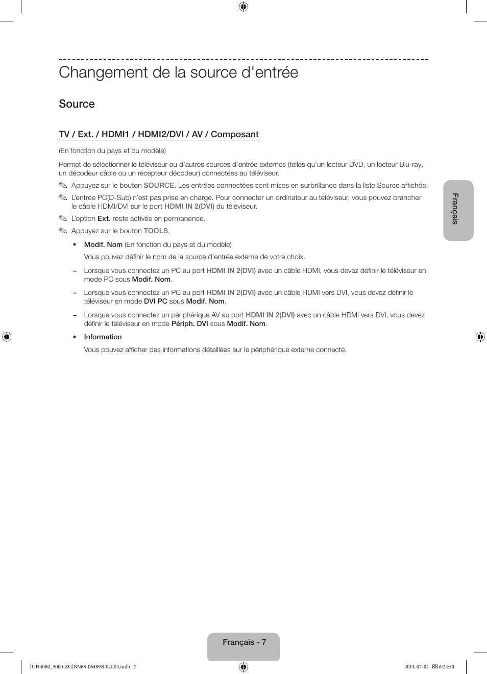 Changement de la source d'entrée, Source | Samsung UE48H5090AS User Manual | Page 51 / 89