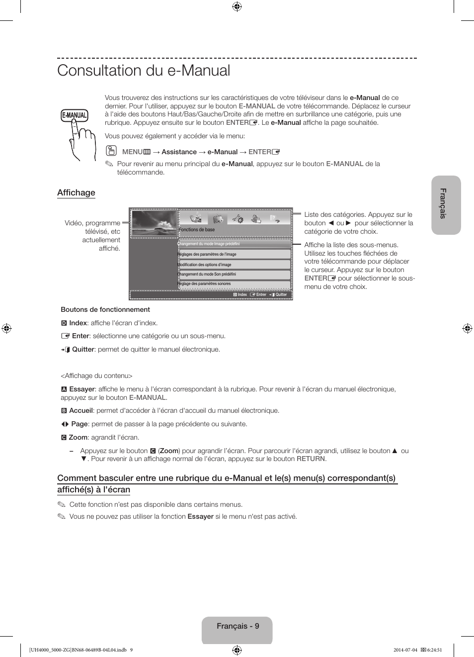 Consultation du e-manual, Affichage | Samsung UE48H5090AS User Manual | Page 53 / 89