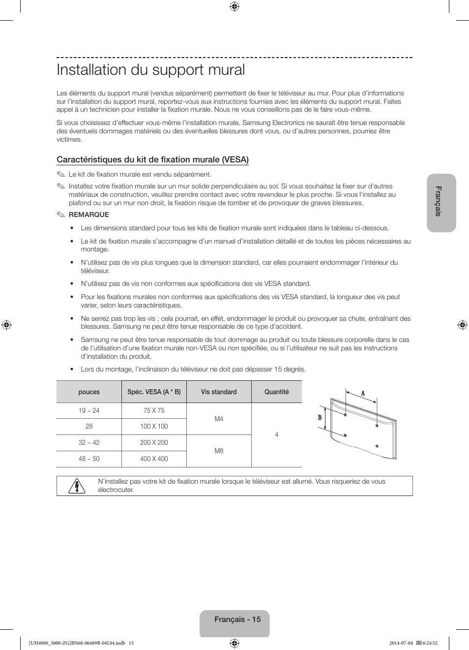 Installation du support mural | Samsung UE48H5090AS User Manual | Page 59 / 89