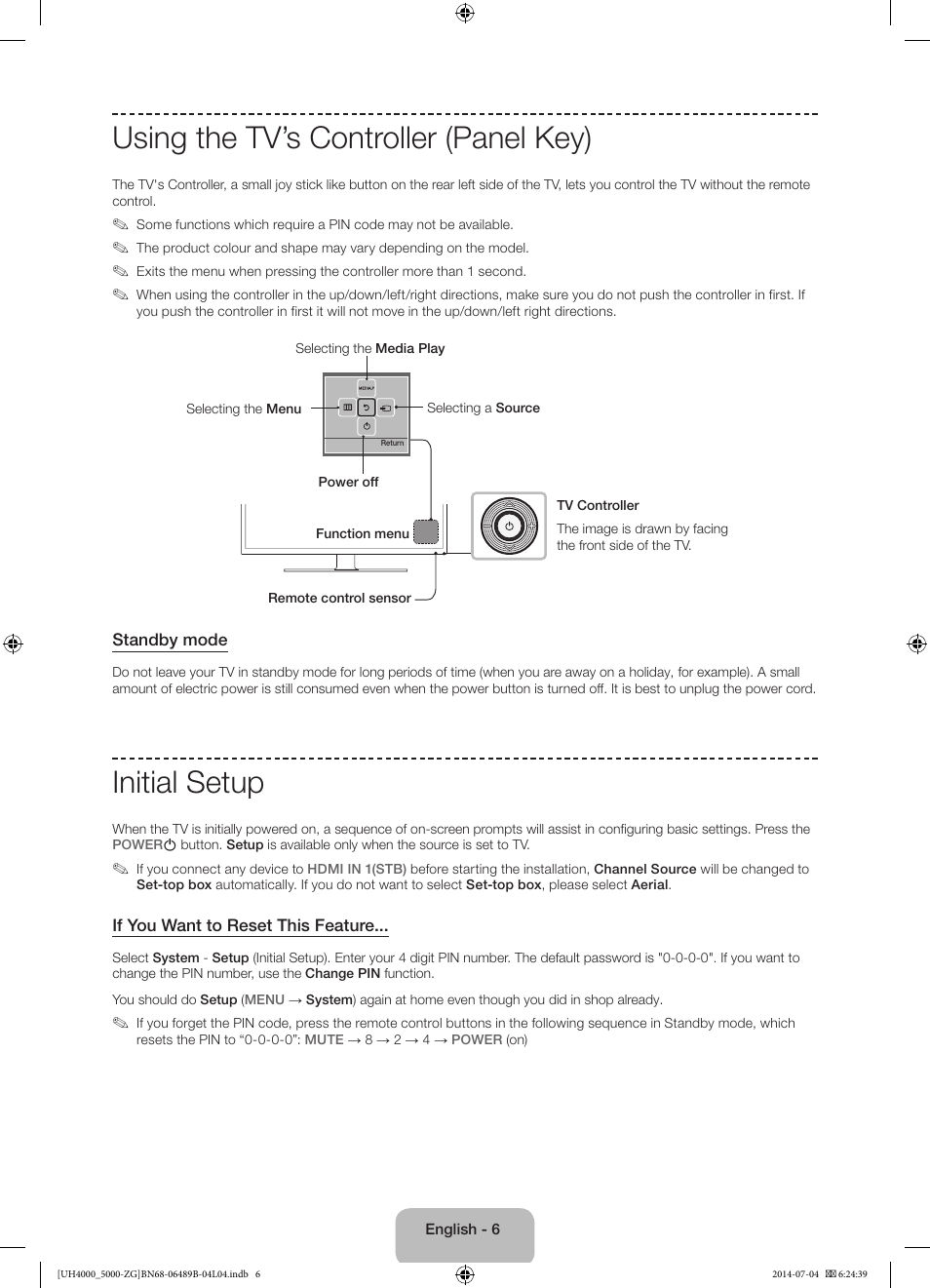 Using the tv’s controller (panel key), Initial setup | Samsung UE48H5090AS User Manual | Page 6 / 89