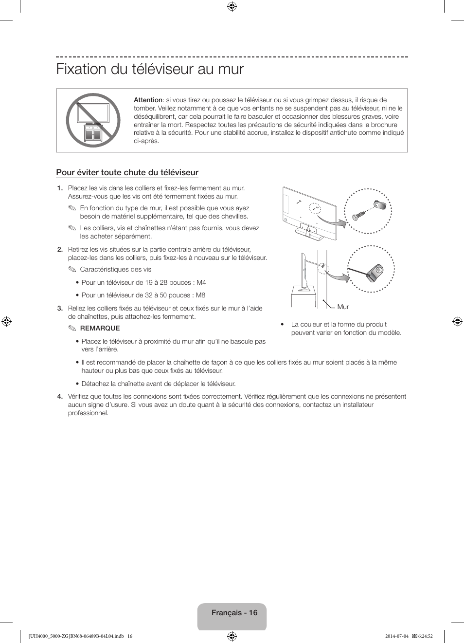 Fixation du téléviseur au mur | Samsung UE48H5090AS User Manual | Page 60 / 89