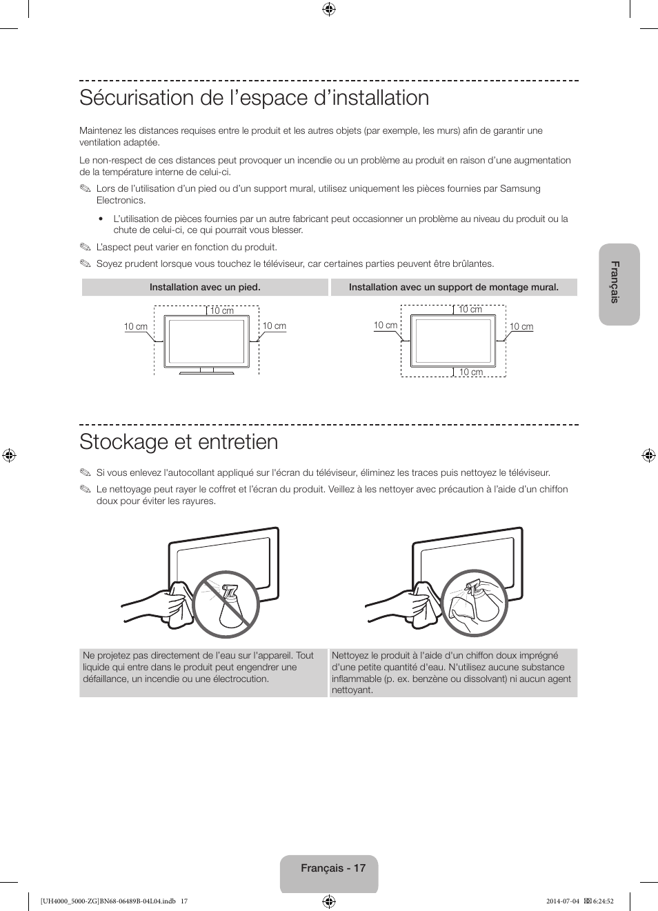Sécurisation de l’espace d’installation, Stockage et entretien | Samsung UE48H5090AS User Manual | Page 61 / 89