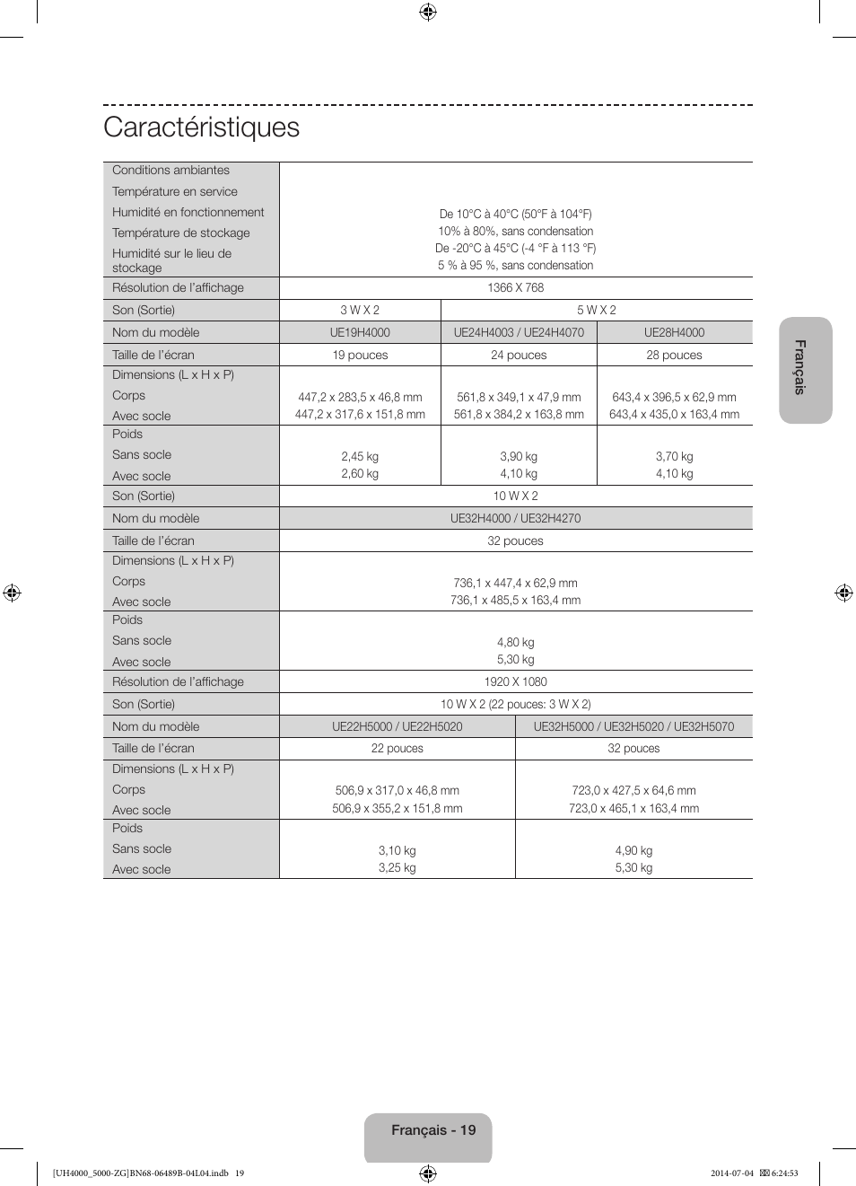 Caractéristiques | Samsung UE48H5090AS User Manual | Page 63 / 89