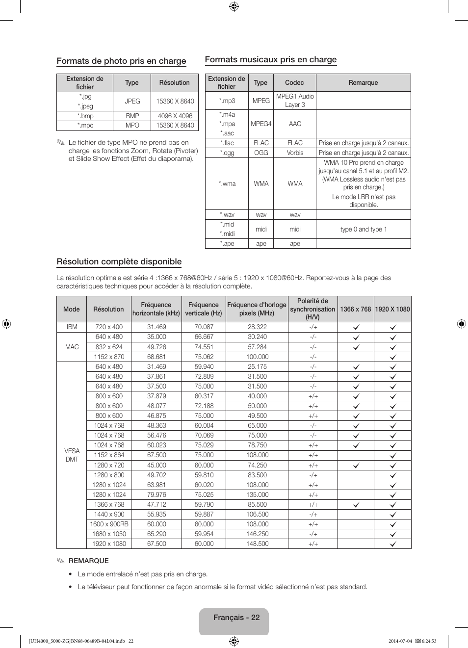 Formats de photo pris en charge, Formats musicaux pris en charge, Résolution complète disponible | Samsung UE48H5090AS User Manual | Page 66 / 89