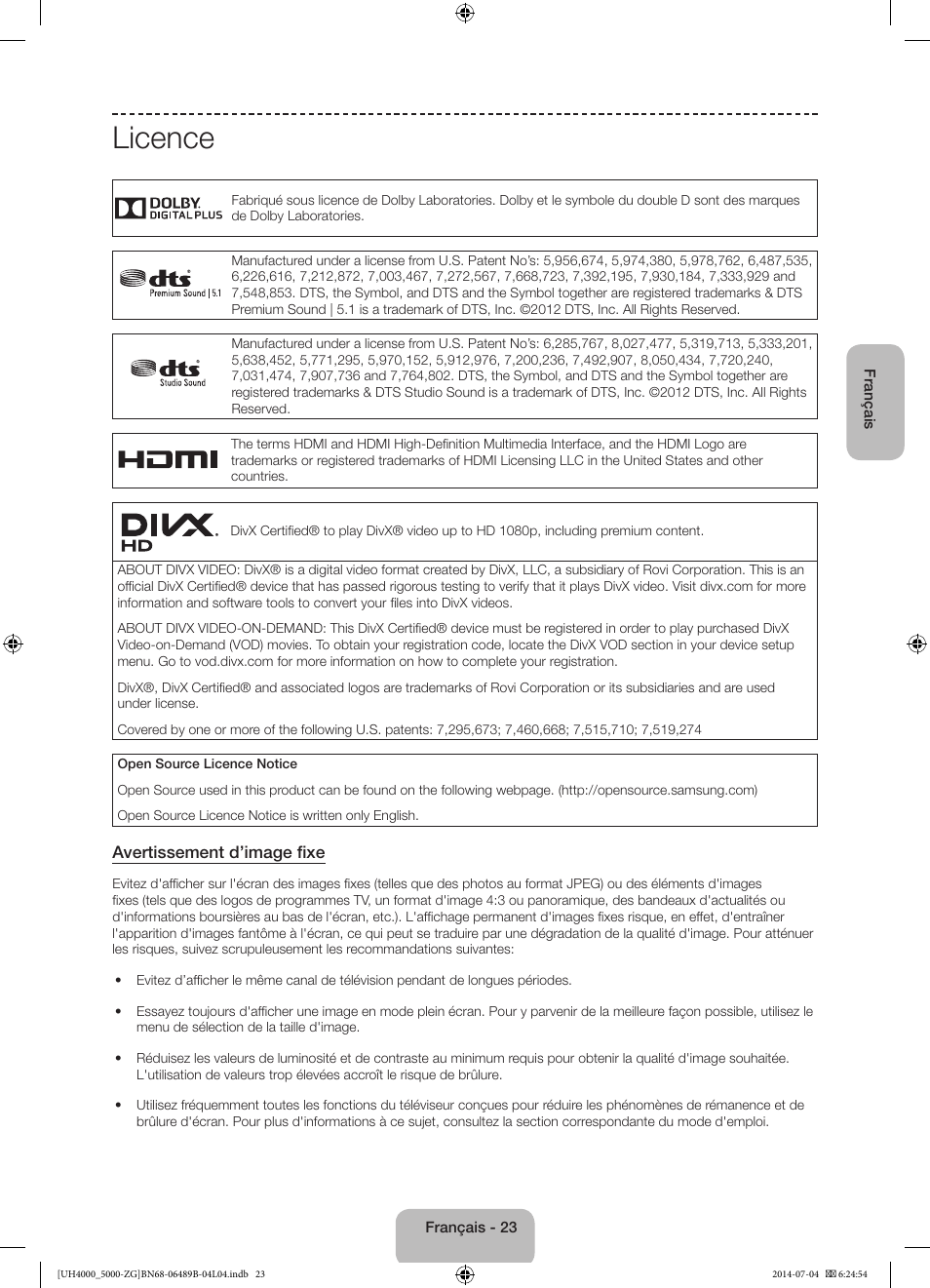 Licence | Samsung UE48H5090AS User Manual | Page 67 / 89