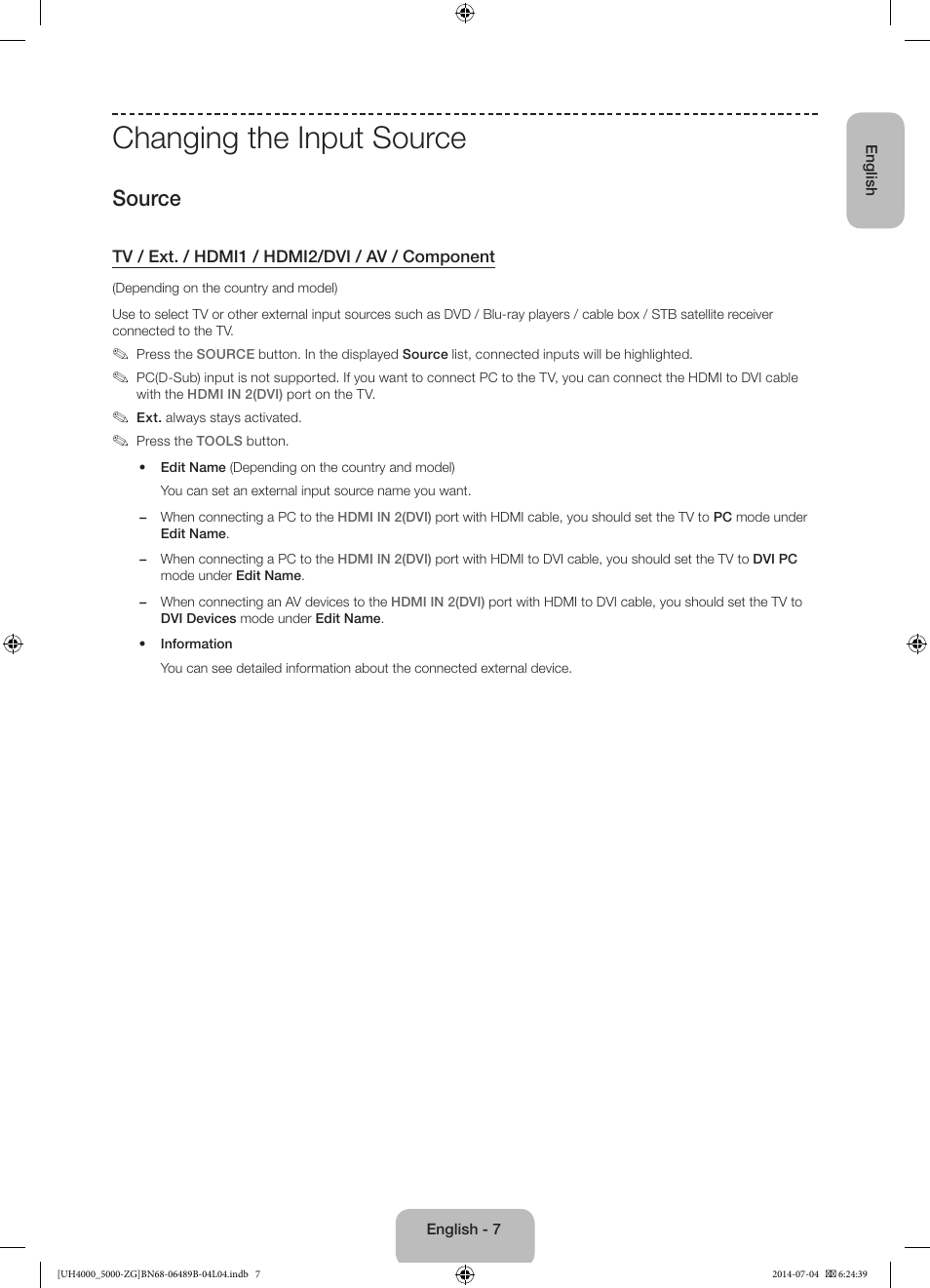 Changing the input source, Source | Samsung UE48H5090AS User Manual | Page 7 / 89