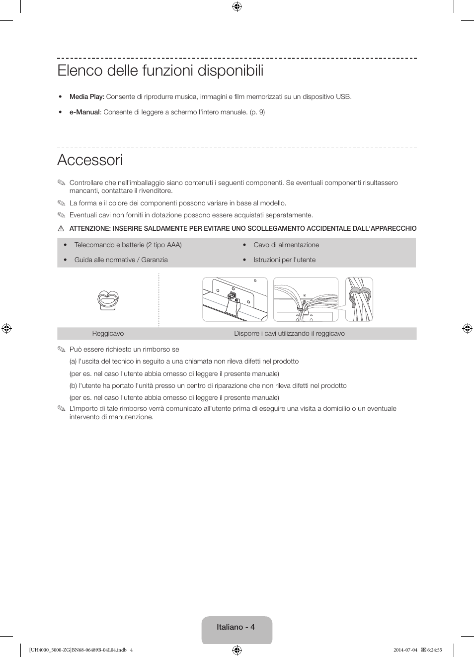 Elenco delle funzioni disponibili, Accessori | Samsung UE48H5090AS User Manual | Page 70 / 89