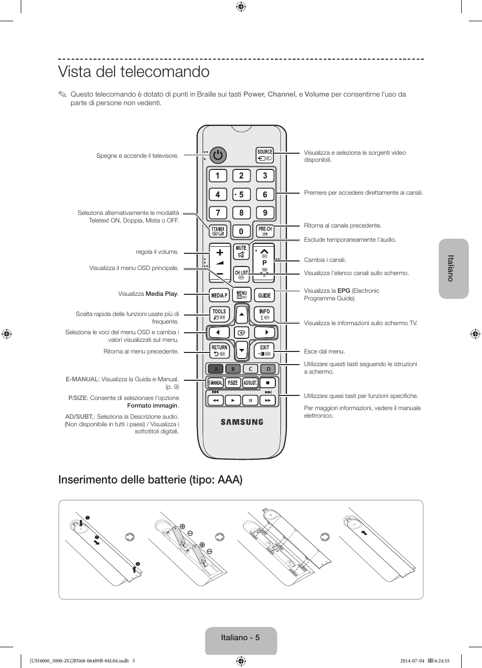 Vista del telecomando, Inserimento delle batterie (tipo: aaa) | Samsung UE48H5090AS User Manual | Page 71 / 89
