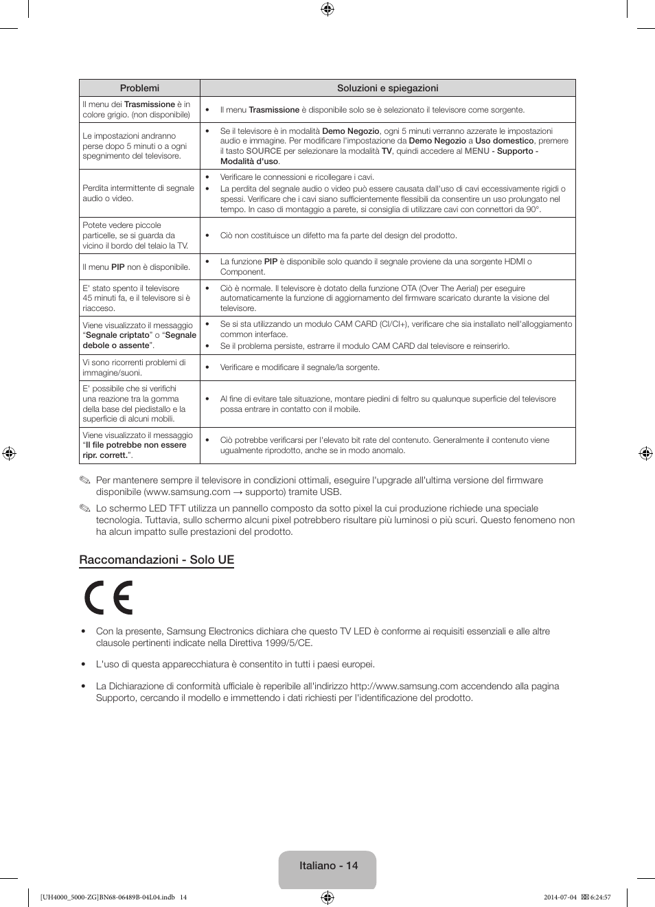 Raccomandazioni - solo ue | Samsung UE48H5090AS User Manual | Page 80 / 89