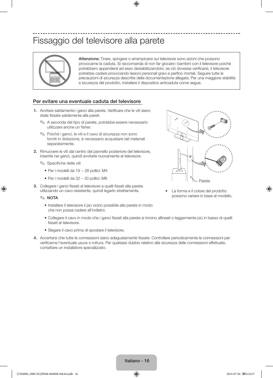 Fissaggio del televisore alla parete | Samsung UE48H5090AS User Manual | Page 82 / 89