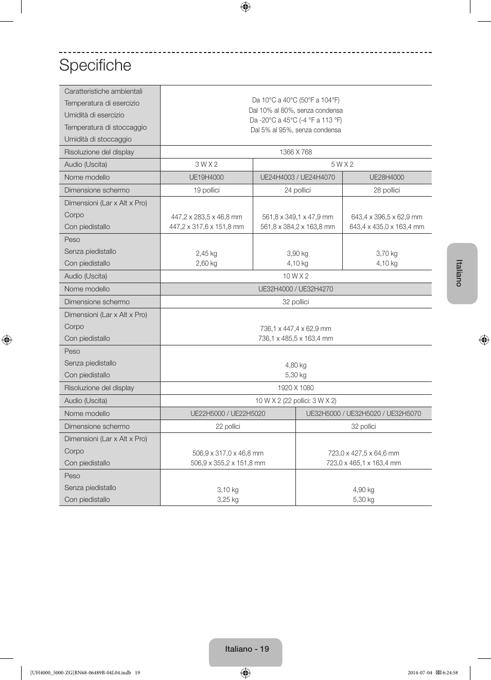 Specifiche | Samsung UE48H5090AS User Manual | Page 85 / 89
