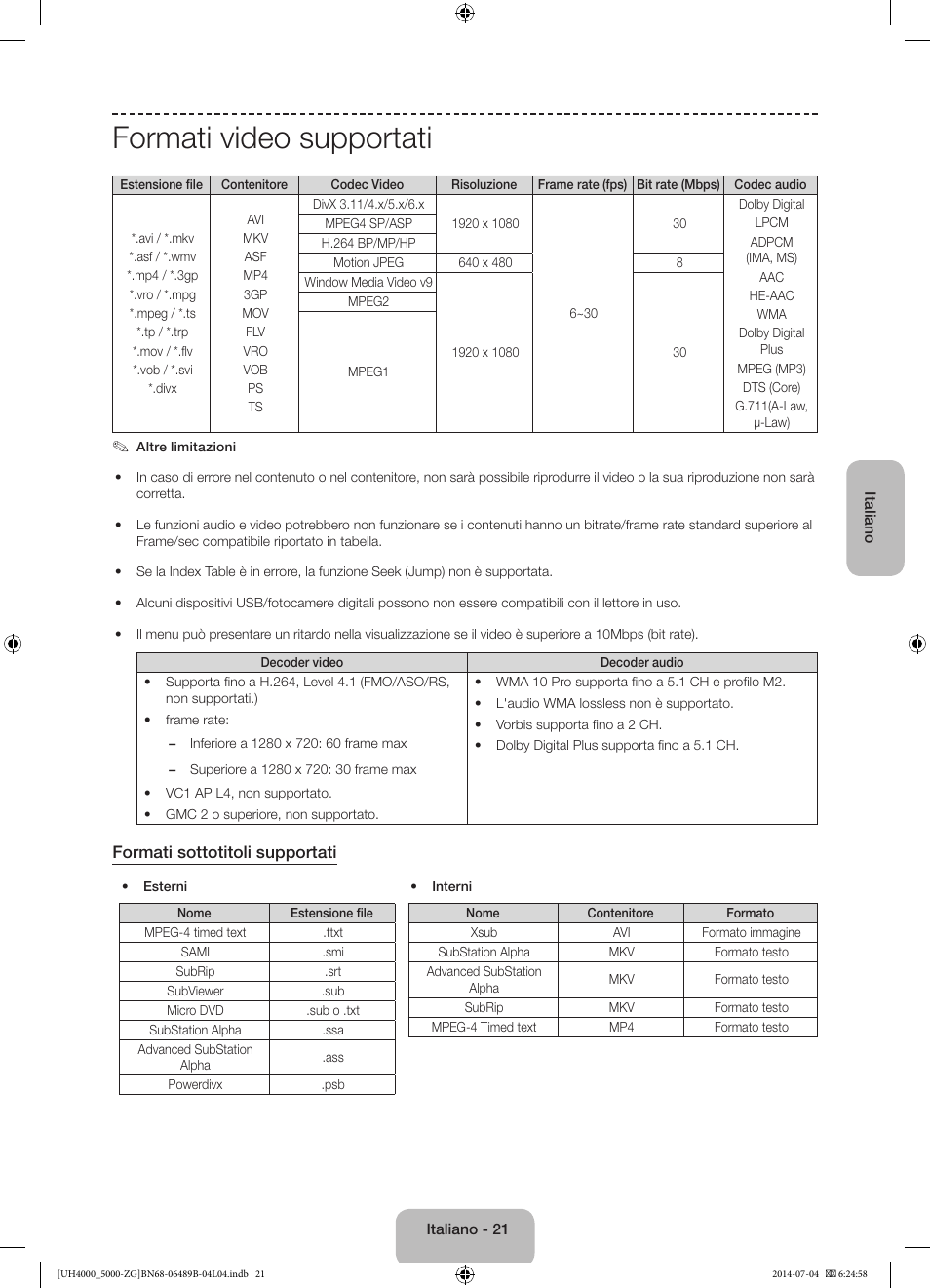 Formati video supportati, Formati sottotitoli supportati | Samsung UE48H5090AS User Manual | Page 87 / 89