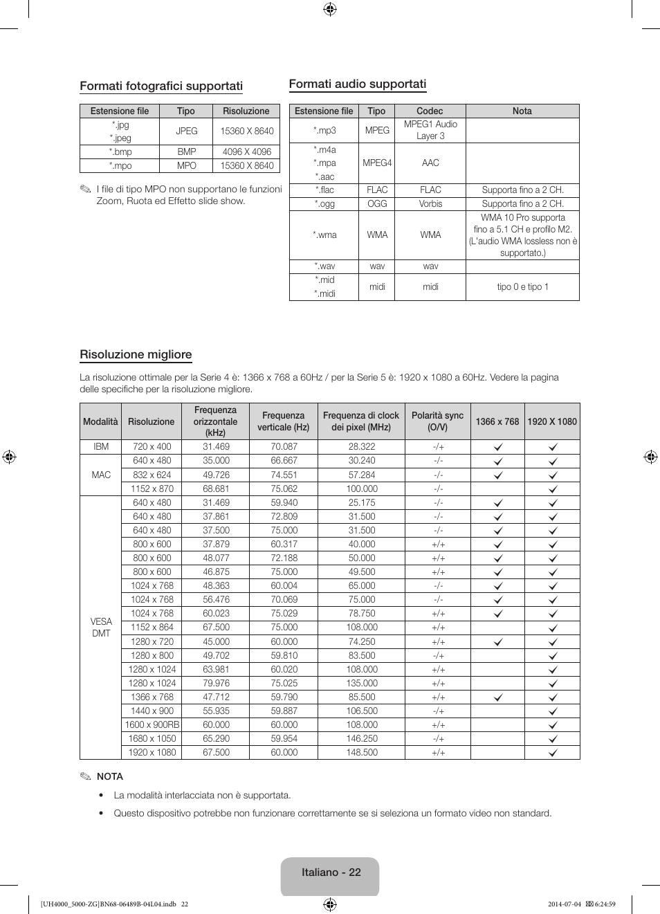 Formati fotografici supportati, Formati audio supportati, Risoluzione migliore | Samsung UE48H5090AS User Manual | Page 88 / 89