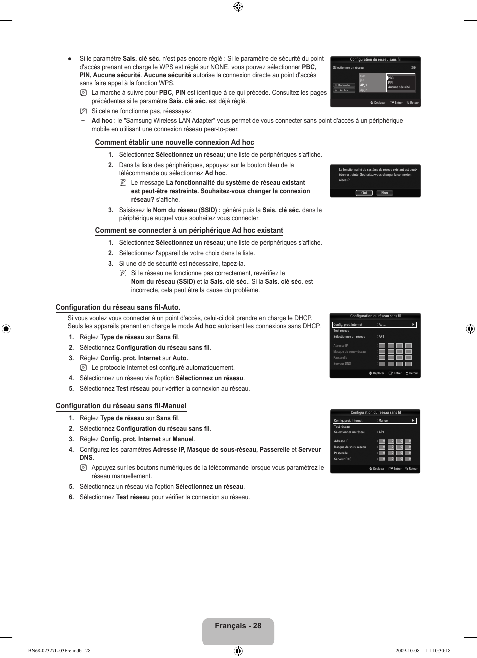 Français - 28, Comment établir une nouvelle connexion ad hoc, Configuration du réseau sans fil-auto | Configuration du réseau sans fil-manuel | Samsung LE52B750U1W User Manual | Page 116 / 674