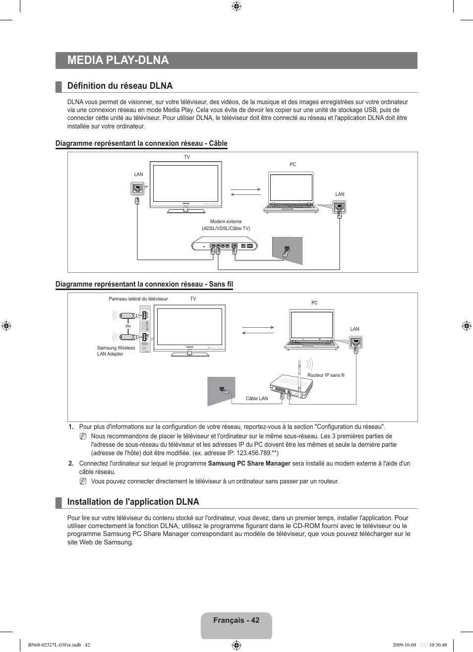 Media play-dlna, Définition du réseau dlna, Installation de l'application dlna | Samsung LE52B750U1W User Manual | Page 130 / 674
