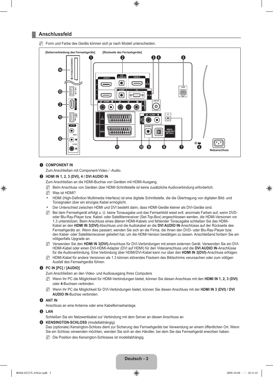 Anschlussfeld | Samsung LE52B750U1W User Manual | Page 163 / 674