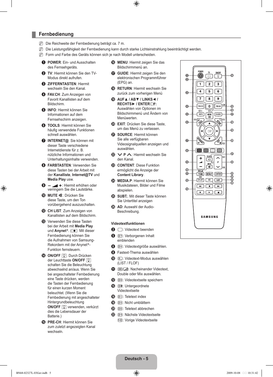 Fernbedienung | Samsung LE52B750U1W User Manual | Page 165 / 674