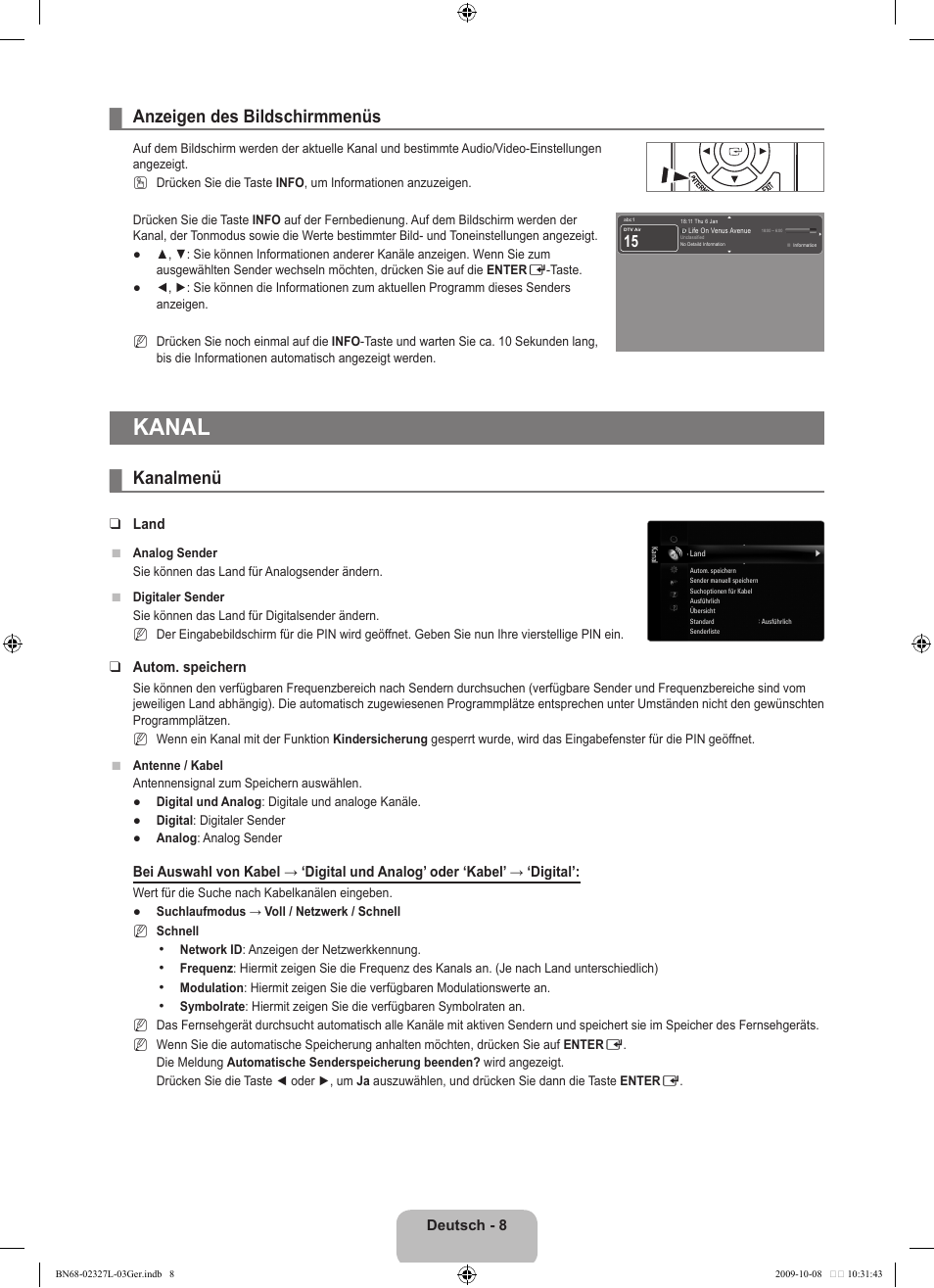 Kanal, Anzeigen des bildschirmmenüs, Kanalmenü | Samsung LE52B750U1W User Manual | Page 168 / 674