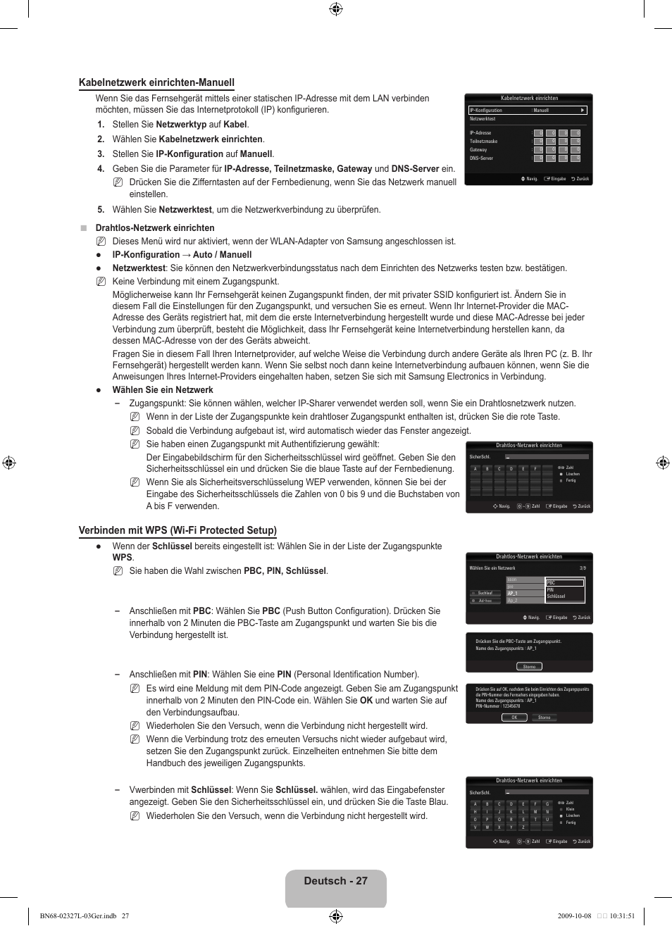 Deutsch - 27 kabelnetzwerk einrichten-manuell, Verbinden mit wps (wi-fi protected setup) | Samsung LE52B750U1W User Manual | Page 187 / 674