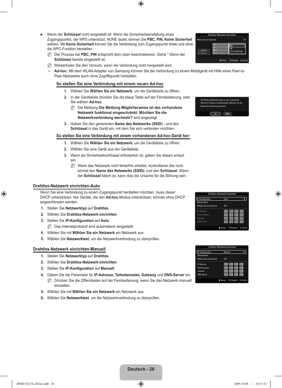 Deutsch - 28, Drahtlos-netzwerk einrichten-auto, Drahtlos-netzwerk einrichten-manuell | Samsung LE52B750U1W User Manual | Page 188 / 674