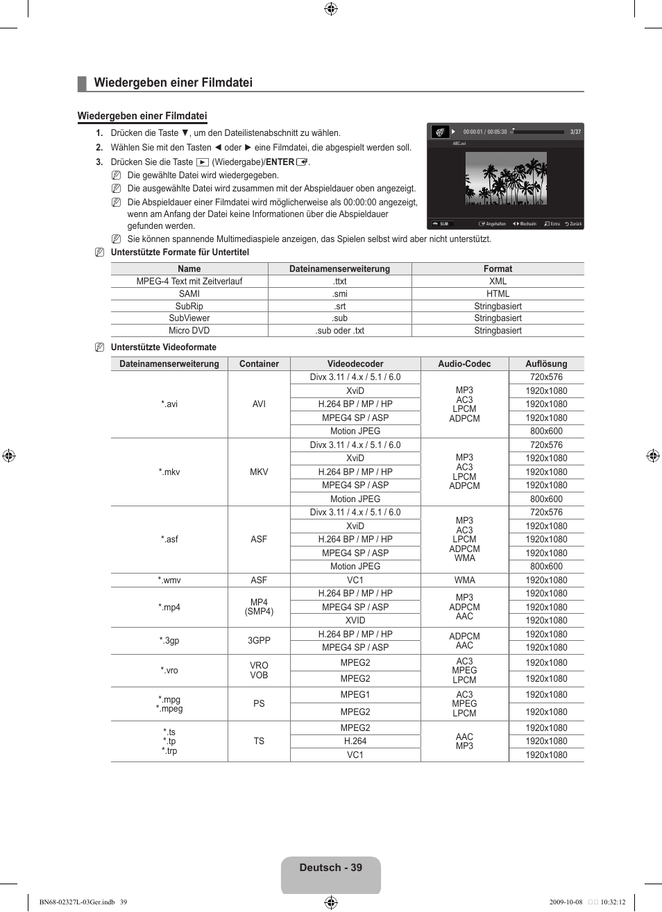 Wiedergeben einer filmdatei | Samsung LE52B750U1W User Manual | Page 199 / 674