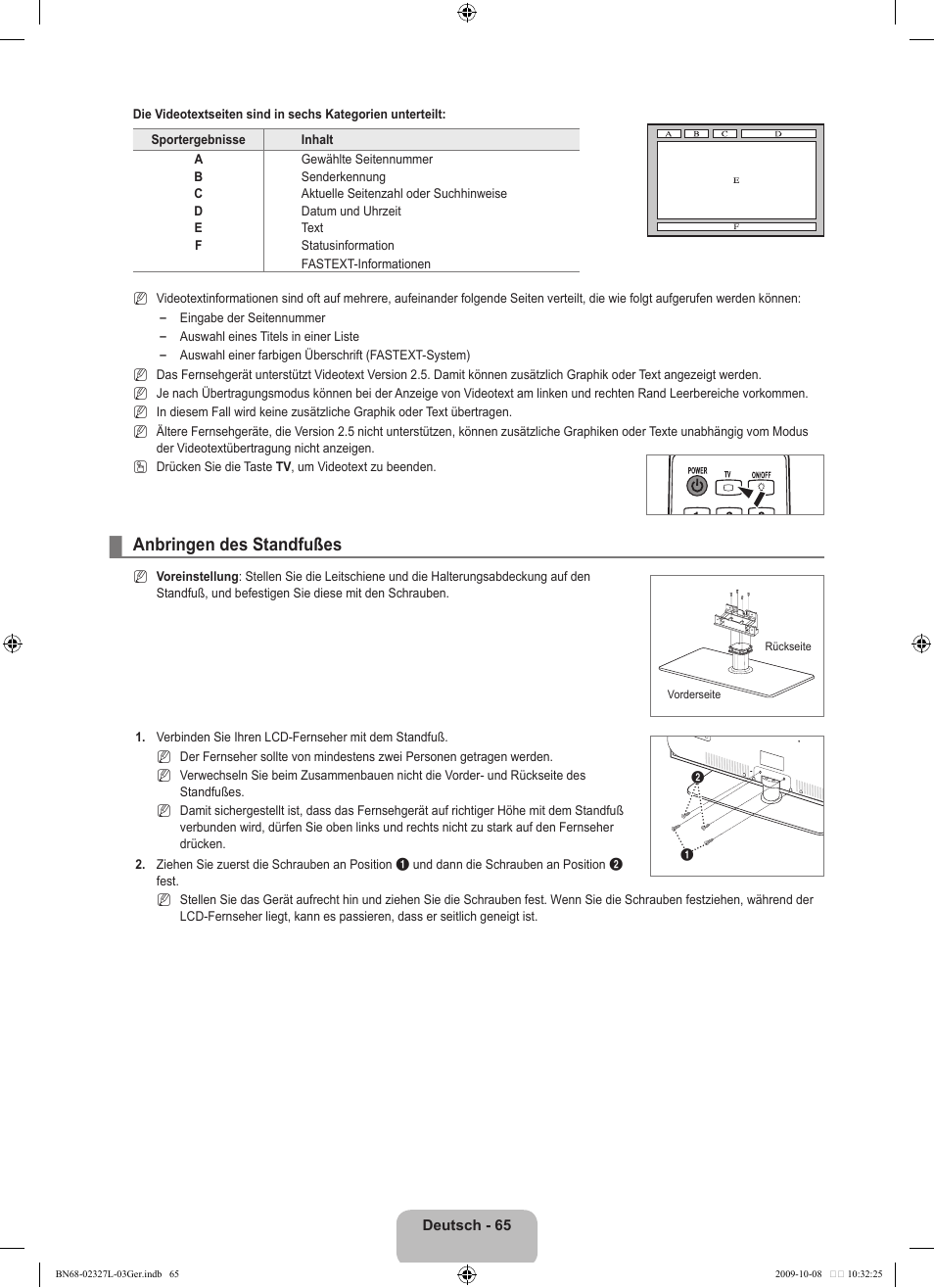 Anbringen des standfußes | Samsung LE52B750U1W User Manual | Page 225 / 674