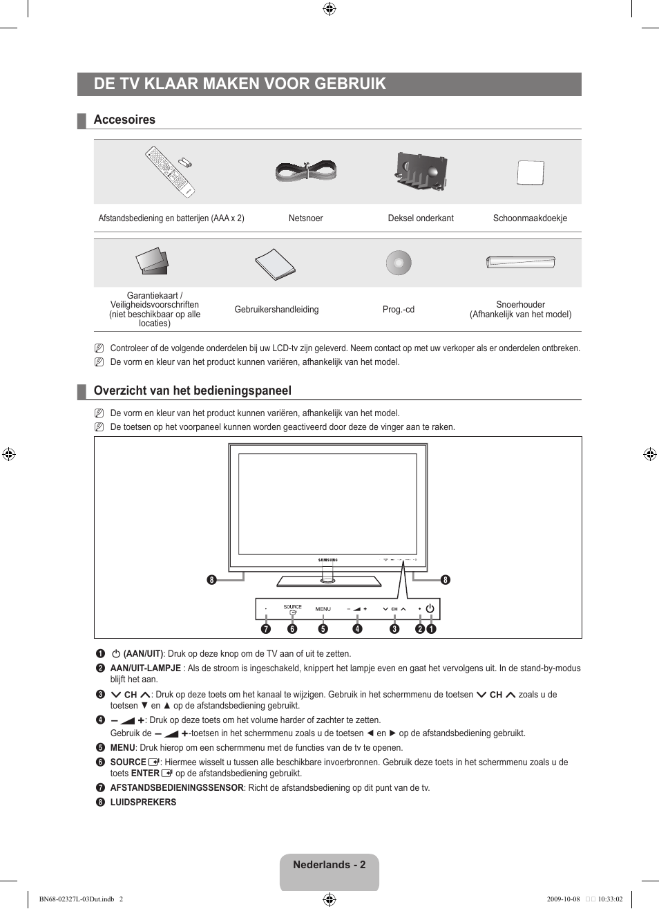 De tv klaar maken voor gebruik, Accesoires, Overzicht van het bedieningspaneel | Samsung LE52B750U1W User Manual | Page 234 / 674