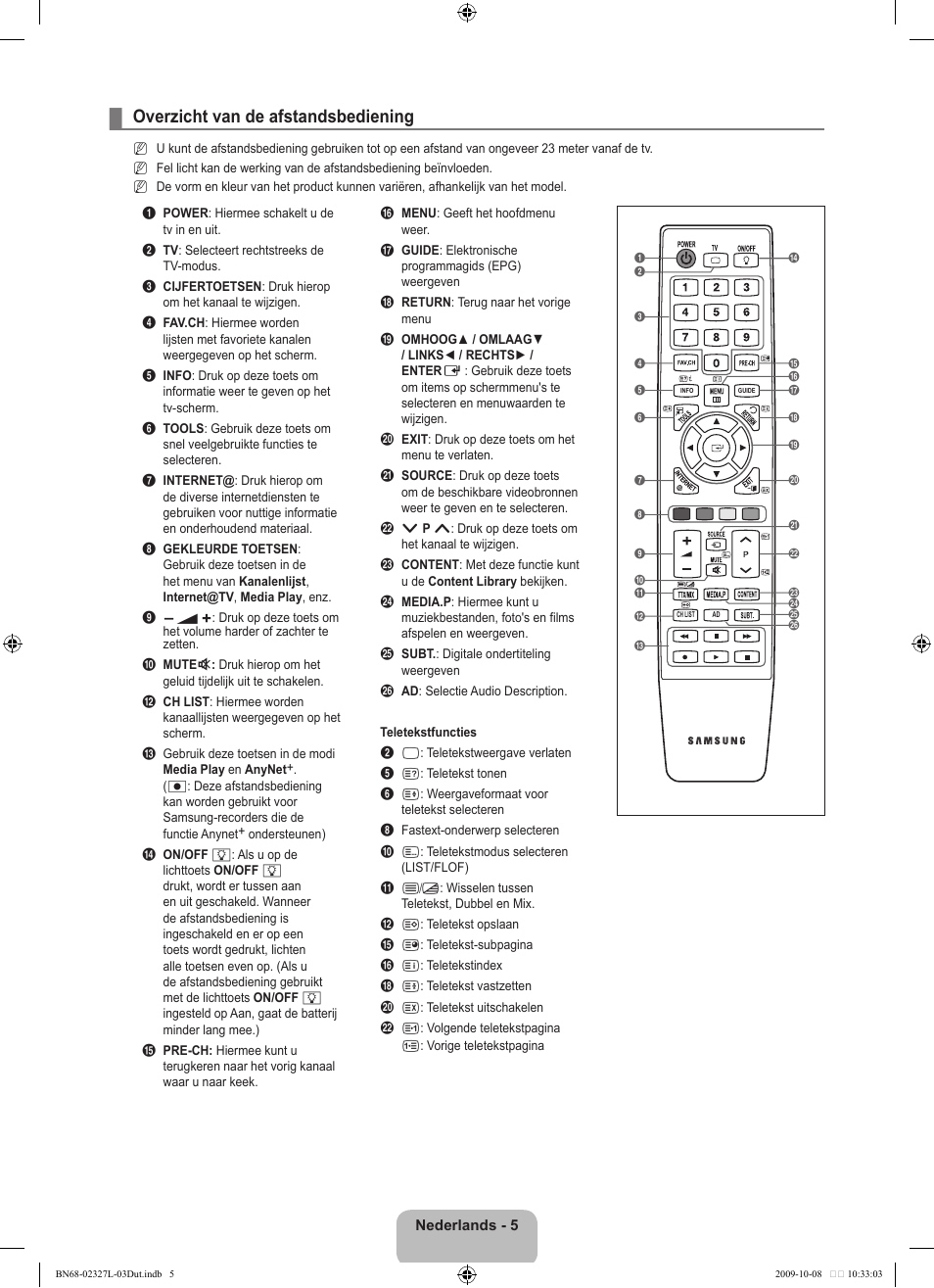 Overzicht van de afstandsbediening | Samsung LE52B750U1W User Manual | Page 237 / 674