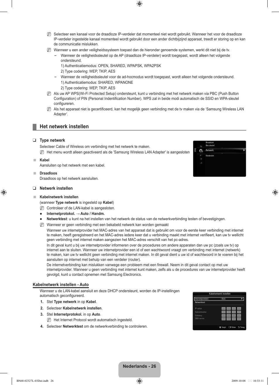 Het netwerk instellen, Nederlands - 26, Type netwerk | Netwerk instellen, Kabelnetwerk instellen - auto | Samsung LE52B750U1W User Manual | Page 258 / 674