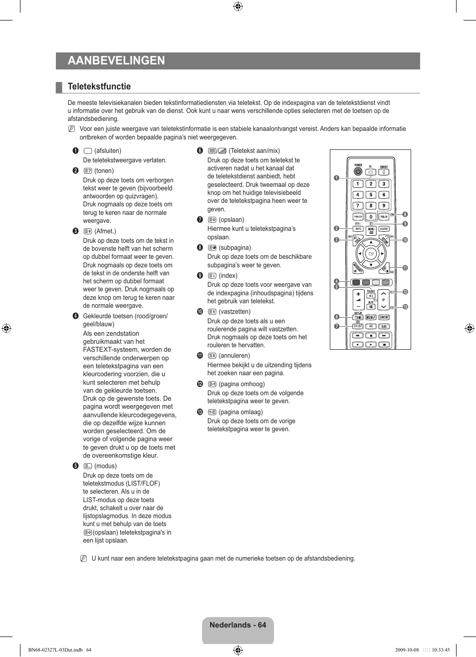 Aanbevelingen, Teletekstfunctie | Samsung LE52B750U1W User Manual | Page 296 / 674