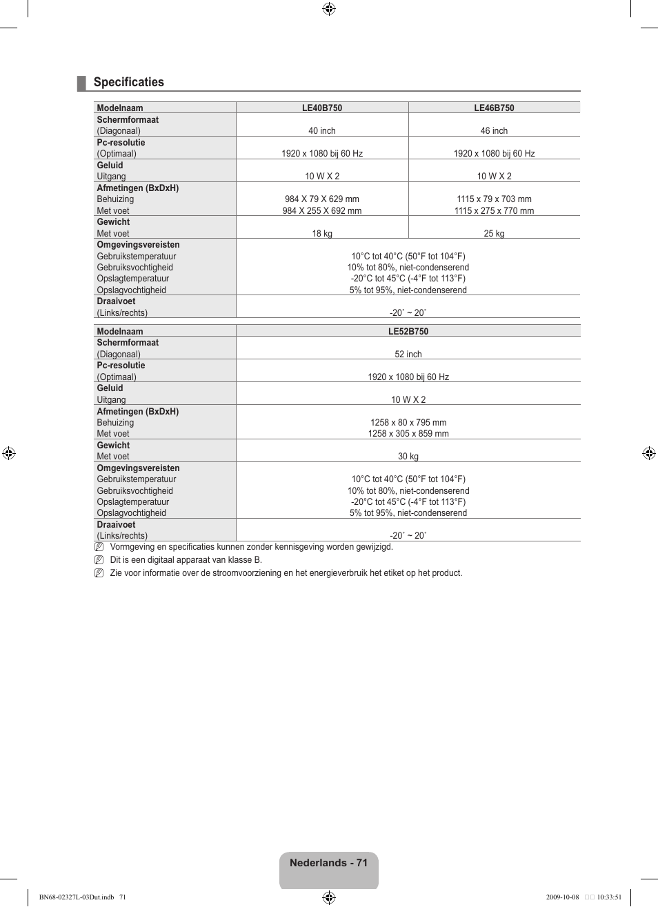 Specificaties | Samsung LE52B750U1W User Manual | Page 303 / 674