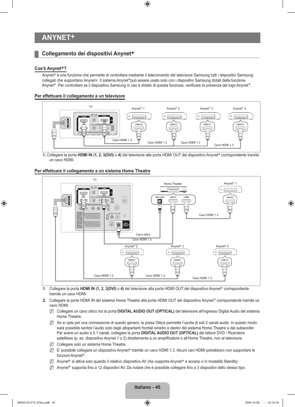 Anynet, Collegamento dei dispositivi anynet | Samsung LE52B750U1W User Manual | Page 349 / 674