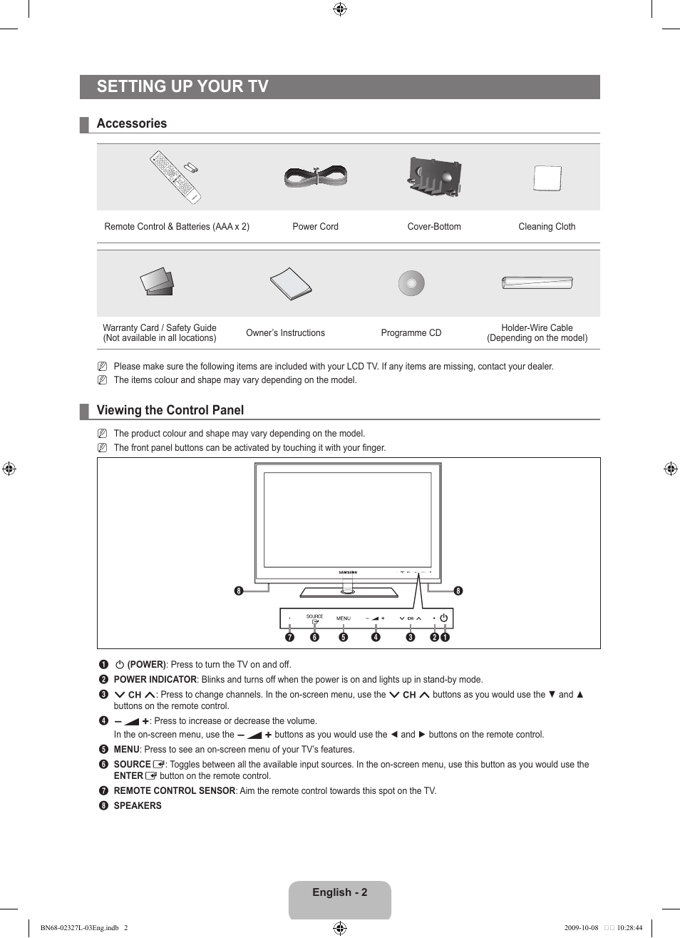 Seting up your tv, Accessories, Viewing the control panel | Setting up your tv | Samsung LE52B750U1W User Manual | Page 4 / 674