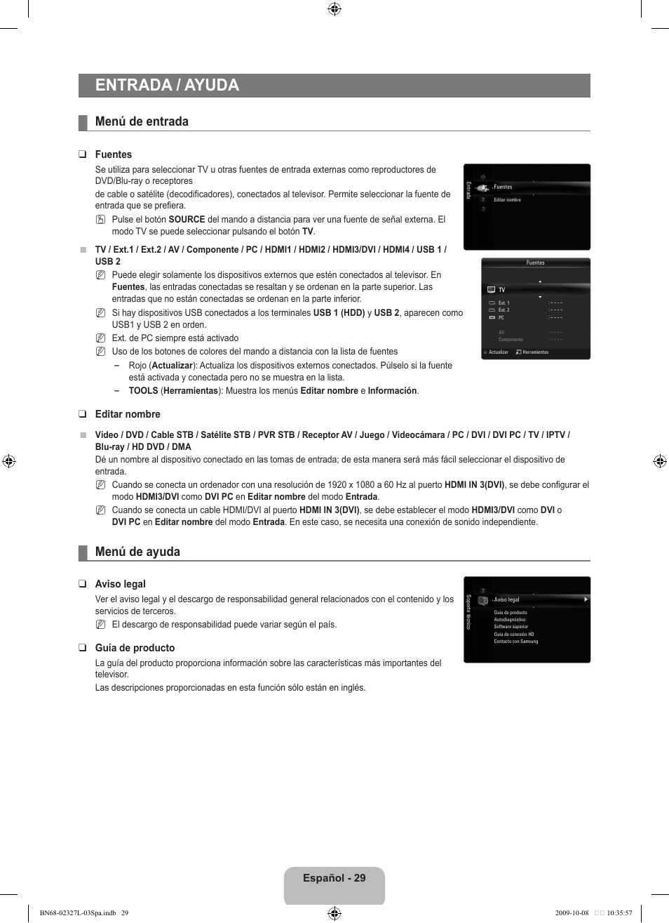 Entrada / ayuda, Menú de entrada, Menú de ayuda | Samsung LE52B750U1W User Manual | Page 407 / 674