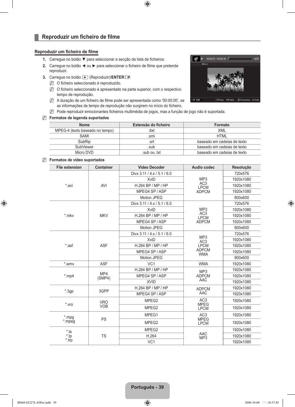 Reproduzir um ficheiro de filme | Samsung LE52B750U1W User Manual | Page 489 / 674