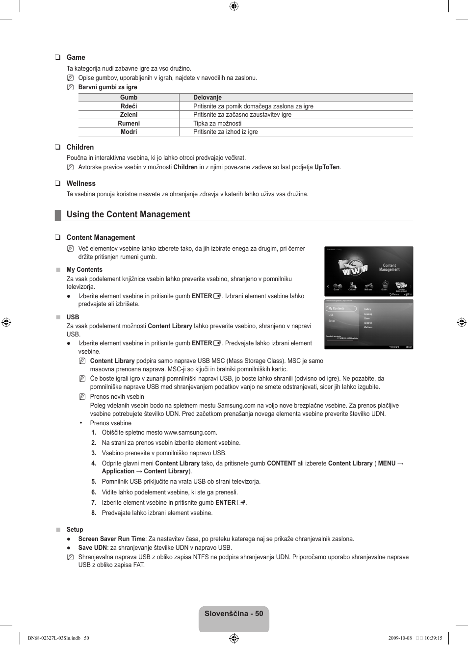 Using the content management, Slovenščina - 0 game, Children | Wellness, Content management | Samsung LE52B750U1W User Manual | Page 572 / 674