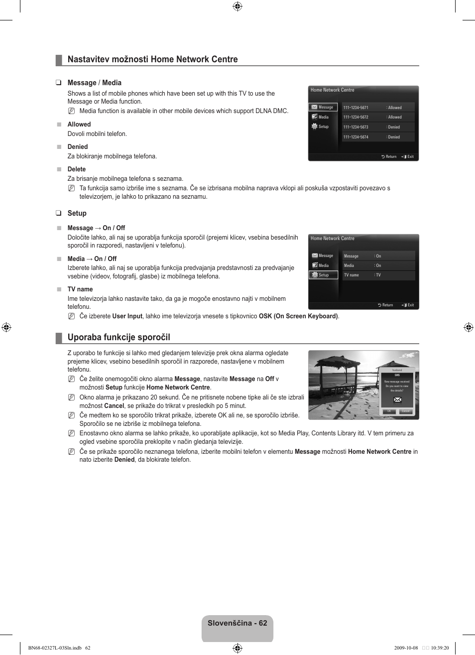 Nastavitev možnosti home network centre, Uporaba funkcije sporočil, Slovenščina | Message / media, Setup | Samsung LE52B750U1W User Manual | Page 584 / 674