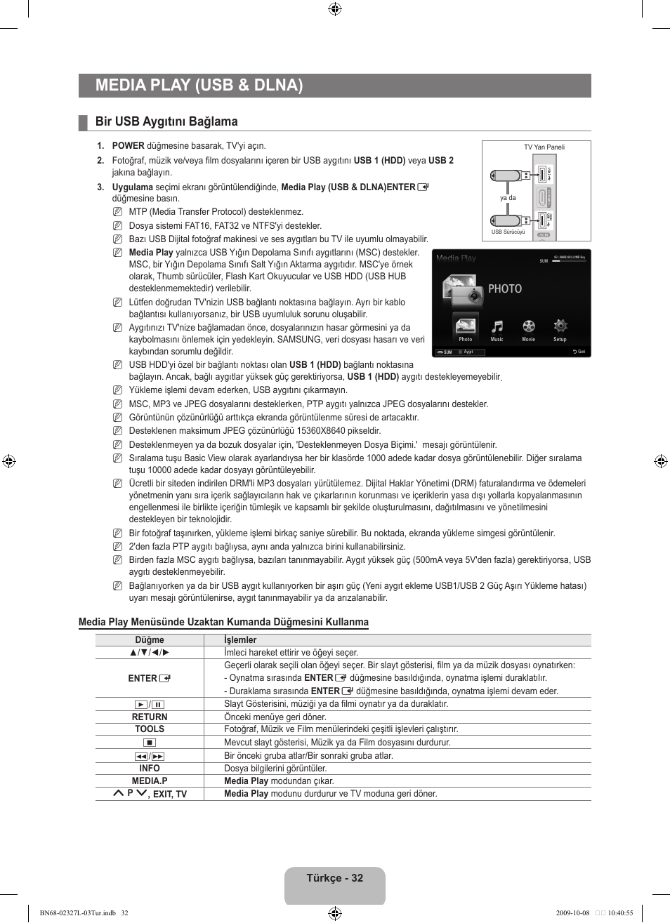 Media play (usb & dlna), Bir usb aygıtını bağlama, Photo | Samsung LE52B750U1W User Manual | Page 626 / 674